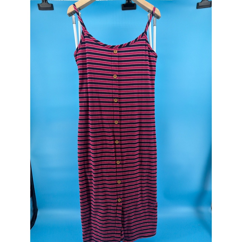 Red Navy Blue Striped Ribbed Bodycon Midi Dress Adjustable Spaghetti Straps
